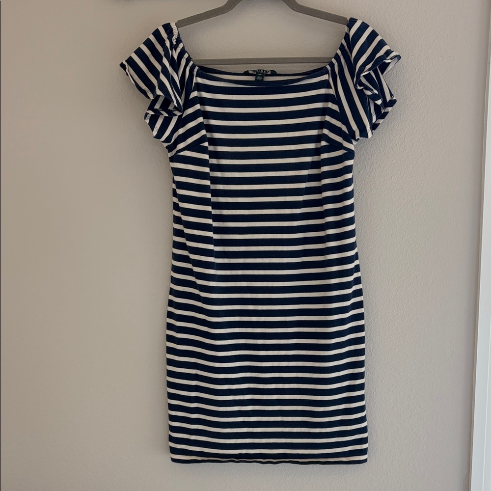 Ralph Lauren Navy and White Striped Off-Shoulder Mini Dress
